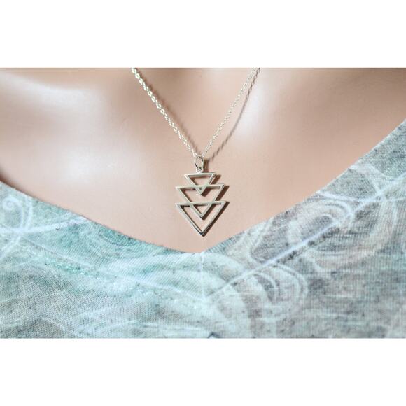 Sterling Silver Stacked Triangle Pendant Necklace - Picture 4 of 5